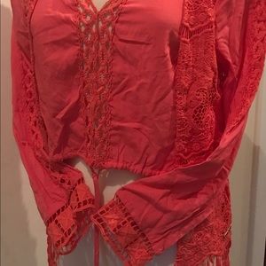 I Too Fashion orange V-Neck lace blouse